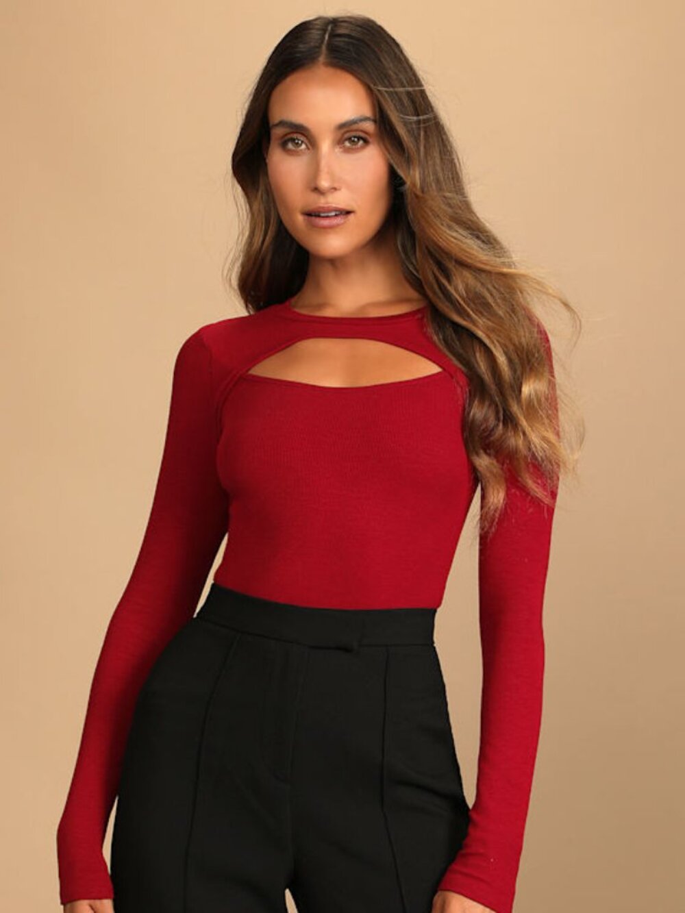 Lulus Flirty Little Secret Wine Red Ribbed Cutout Long Sleeve Top - Size S